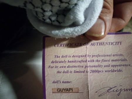 The certificate of authenticity for a porcelain doll.