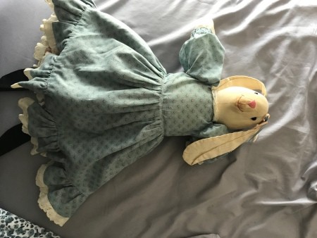 A light colored bunny with a blue dress.