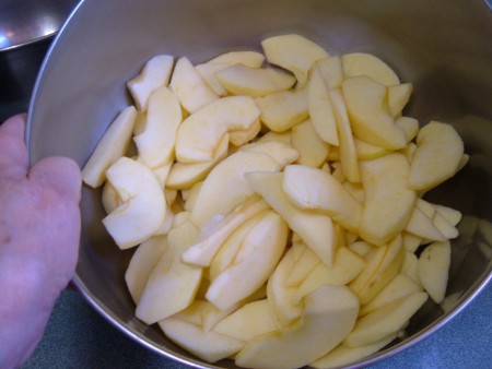 Apples cut up into slices.