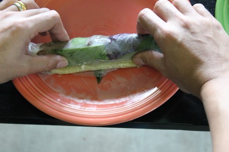 Rolling a spring roll.
