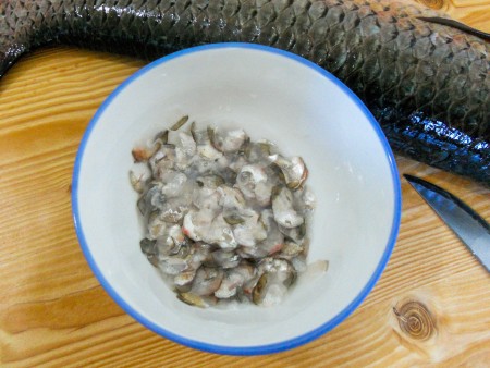 A bowl of fish scales.