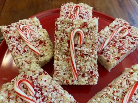 A plate of Candy Cane Rice Krispie Treats