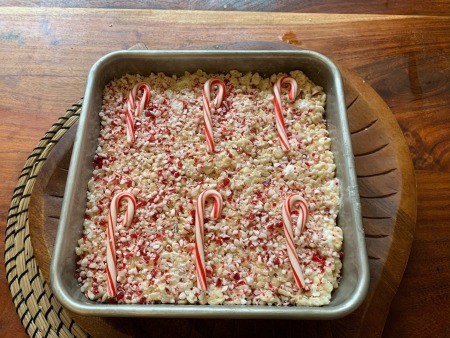 A pan of Candy Cane Rice Krispie Treats