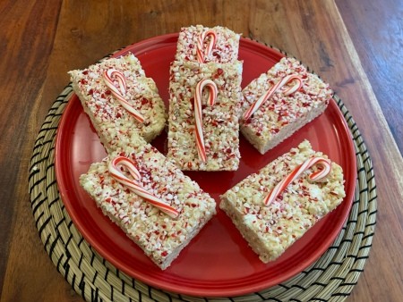 A plate of Candy Cane Rice Krispie Treats