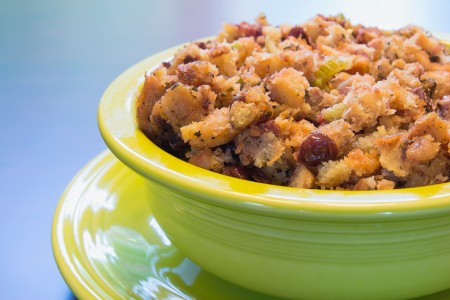 A bowl of Thanksgiving dressing or stuffing.