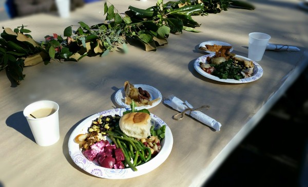 A Thanksgiving dinner served on paper plates.