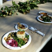 A Thanksgiving dinner served on paper plates.