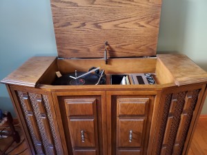 An old wooden phonograph case.