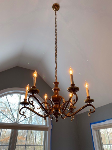A brass chandelier.