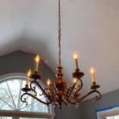 A brass chandelier.