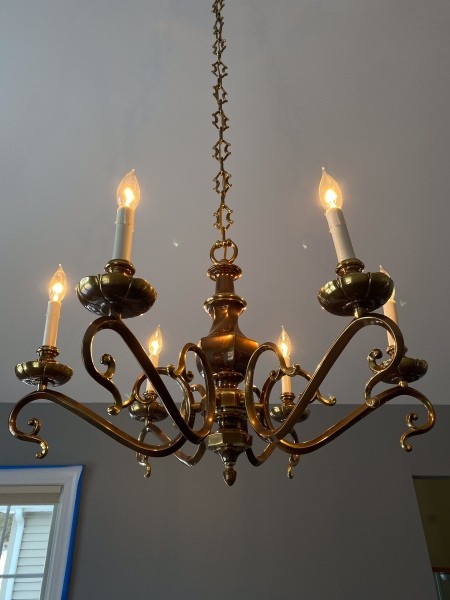 A brass chandelier.