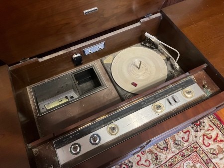 The inside of a console stereo.
