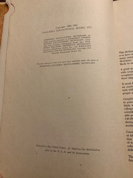 The copyright page of a dictionary.