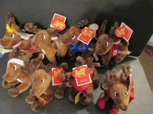 A collection of stuffed reindeer.