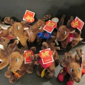 A collection of stuffed reindeer.