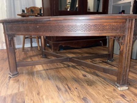 A wooden coffee table.
