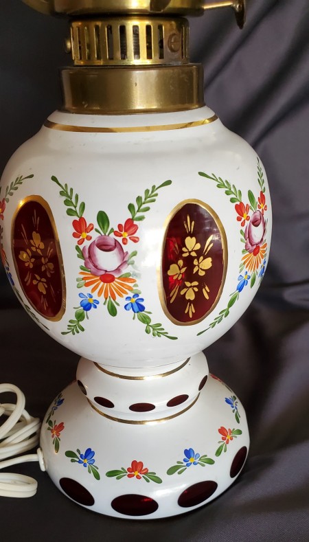 A close up of the painted designs on a lamp.