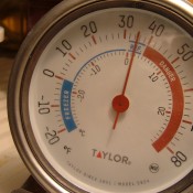 A thermometer inside a refrigerator.
