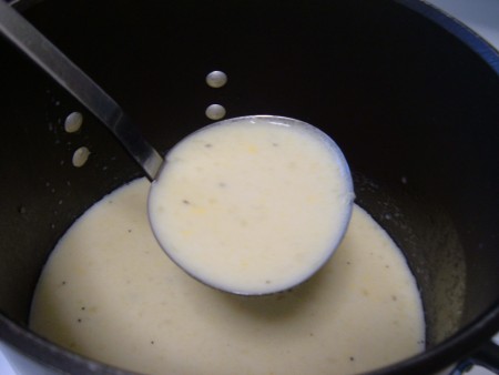 A ladle of the finished soup.