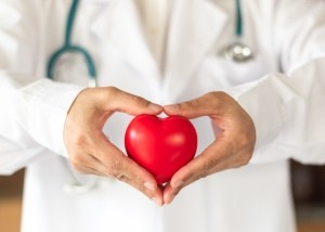 A doctor holding a red heart.