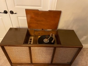 An old console record player.