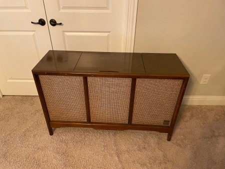 The closed console record player.