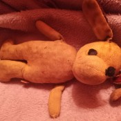 A small stuffed dog on a blanket.