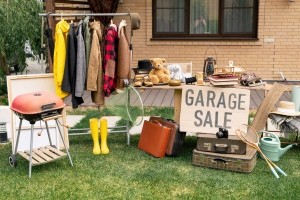 A garage sale outside a building.