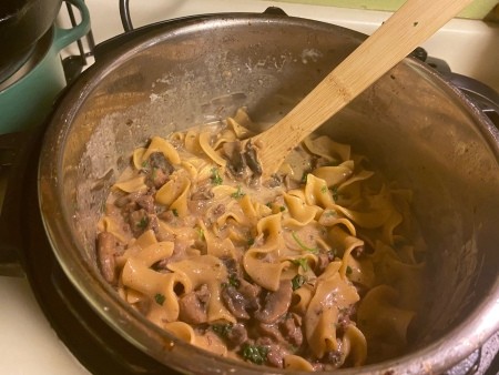 The completed beef stroganoff.