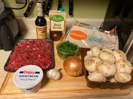 Ingredients for beef stroganoff.