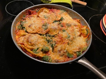 A pan of fried ravioli.