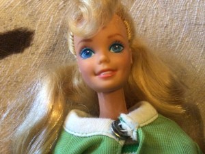 A closeup of a Barbie's face.