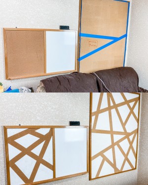 A before and after of the painted cork board.