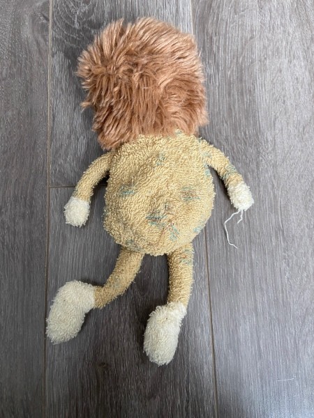 The back of a stuffed lion.