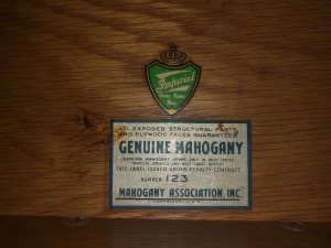 The manufacturer's information on a piece of vintage furniture.