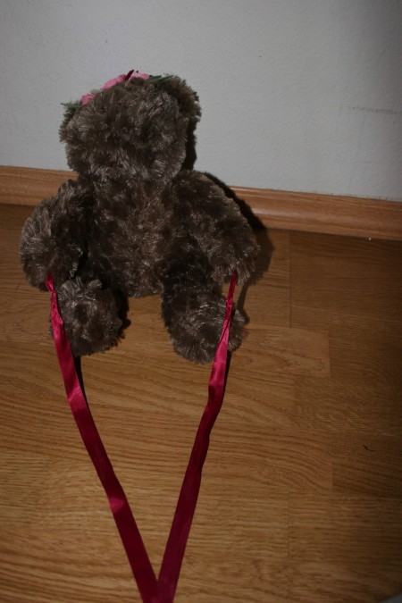 A ribbon attached to a stuffed animal.