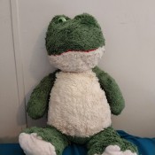 A stuffed frog missing an eye.