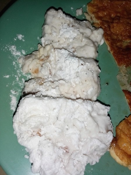 The coated egg sections.