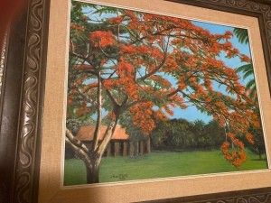 A painting of a tree in a yard.