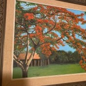 A painting of a tree in a yard.