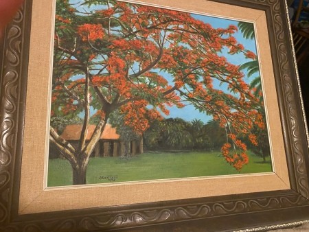 A painting of a tree in a yard.