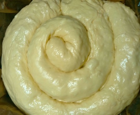 Forming the dough into a spiral.
