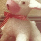 A stuffed lamb with a bow.