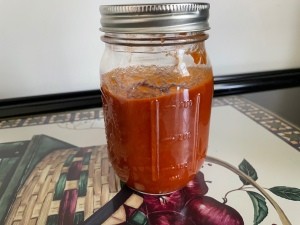 A jar of BBQ sauce.
