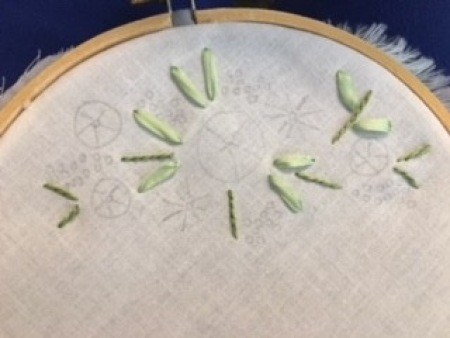 Stitching a green pattern on an embroidery project.
