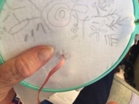 Embroidering with ribbon.