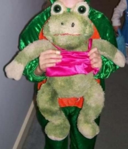 A green stuffed frog toy.
