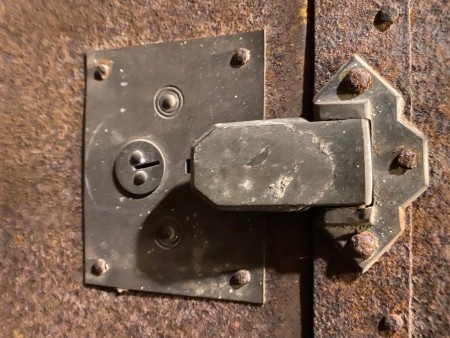 Hardware on a steamer trunk.