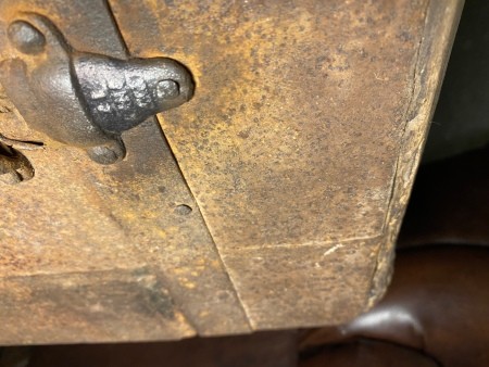 Hardware on a steamer trunk.