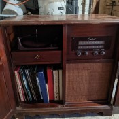 A phonograph radio console.